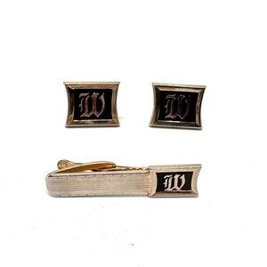 Vintage Hickok Black and Goldtone 'W' Monogram Cufflinks and Tie Clip Set